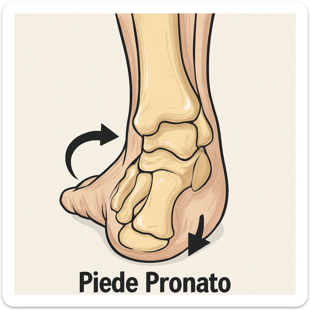 Anatomical illustration of a pronated foot, detailed bones and soft tissue, medical style, neutral background, with arrows showing pronation movement, inspired by the reference image. sticker