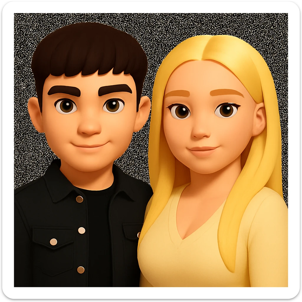 Slightly increase the volume of the upper body of the girl and slightly turn her to face forward. Do not change the boy's face. Maintain the style of the original image. sticker
