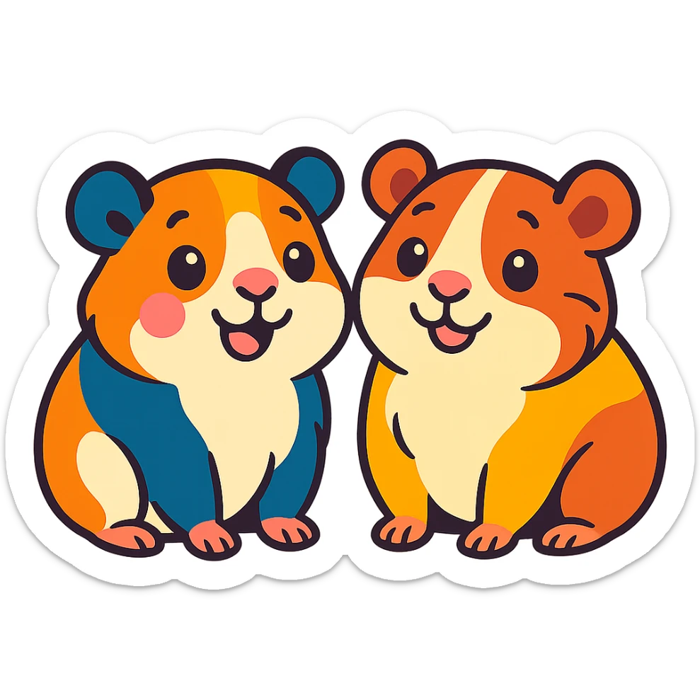 two happy and cute guinea pigs together, colorful and friendly illustration style, white background sticker