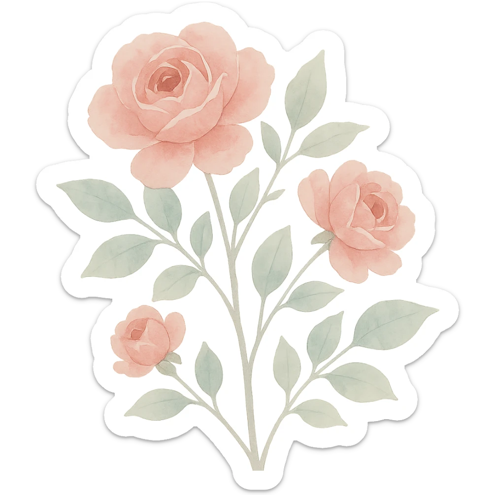 close-up of a rose bush with fine color transitions, clusters of roses, naturalistic leaves, watercolor art style sticker