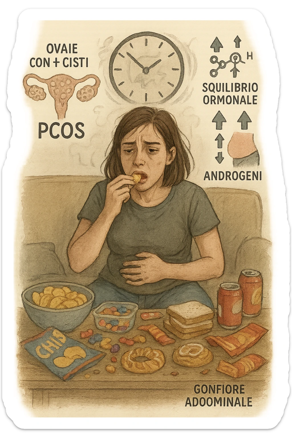 Donna tra i 25 e i 35 anni seduta sul divano o a un tavolo disordinato, circondata da cibi sparsi e poco sani: patatine, dolci, pane bianco, snack confezionati, bibite. Mangiando di fretta, ha un’espressione stanca e frustrata. Intorno a lei, in trasparenza o come illustrazione simbolica, si vedono gli effetti della PCOS peggiorata: ovaie con cisti multiple, squilibrio ormonale (↑ insulina, ↑ androgeni), gonfiore addominale. Sullo sfondo, orologio che corre o caos visivo che comunica disorganizzazione alimentare. Colori spenti e atmosfera stanca. Stile realistico con elementi simbolici e informativi. in italiano sticker