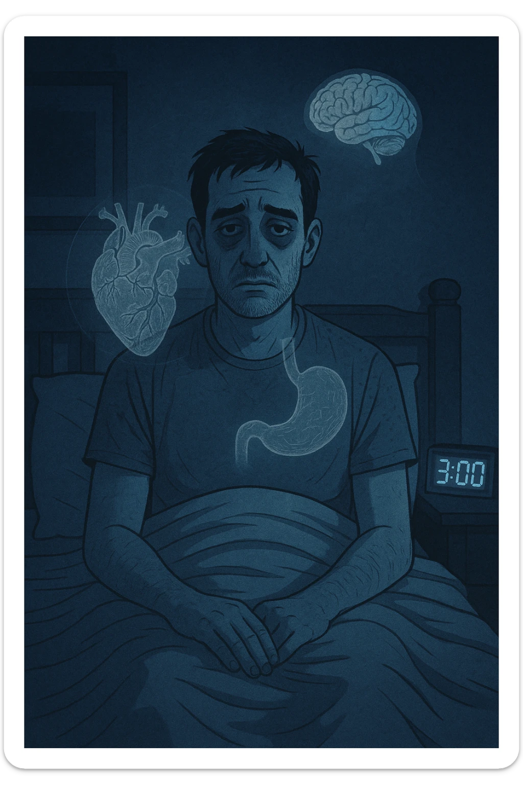 a man sits awake in bed in the middle of the night, dark circles under his eyes and a tired, anxious expression. The room is dimly lit by the blue glow of a phone or digital clock showing 3:00 AM. Around him, faint ghostly overlays of anatomical drawings highlight affected organs—heart, brain, and stomach—symbolizing the physical harm caused by disrupted sleep. sticker