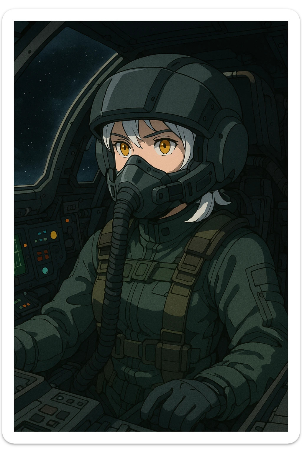 INSIDE of a space fighter cockpit, the pilot is 1 female, white hair, gold yellow eyes, wearing a pilot face helmet and pilot jumpsuit. modern era, future warfare sticker