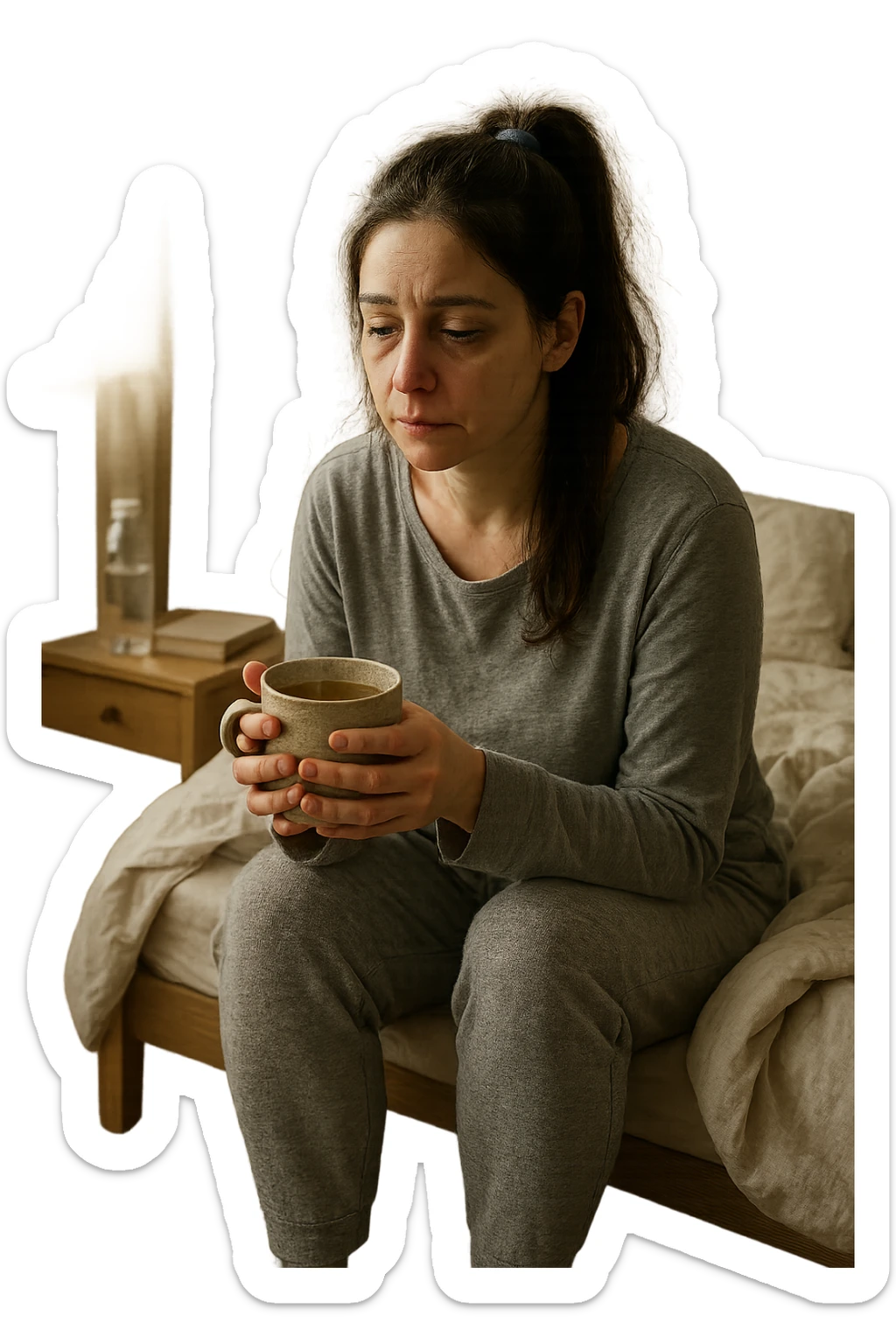 A realistic, cinematic illustration of a woman in her early 30s with a tired, pale appearance, sitting on the edge of her bed in a softly lit bedroom during the morning, looking exhausted and drained. Her posture is slightly slouched, and dark circles are visible under her eyes. She wears comfortable loungewear, holding a warm cup of herbal tea in her hands, seeking comfort. The scene includes a cozy yet slightly messy room with a blanket, a water bottle, and a book on the nightstand, emphasizing chronic fatigue. Soft natural light comes through the window, highlighting her expression of persistent tiredness despite rest, capturing the invisible struggle of chronic fatigue syndrome while maintaining dignity and a gentle aesthetic. sticker