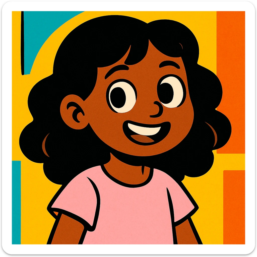 brown girl with black wavy hair, wearing a cute light pink shirt, vibrant cartoon style sticker