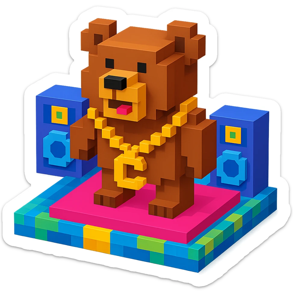 Russian grizzly bear with a rapper chain, standing on a stage sticker