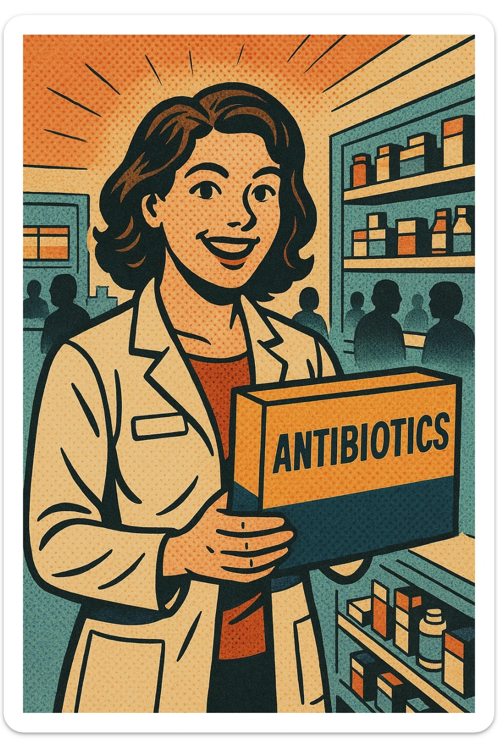 the full body of a A friendly modern day female pharmacist holding a large box of antibiotics in her hand. In the background are shelves of other medications in the pharmacy with patients waiting to be served sticker