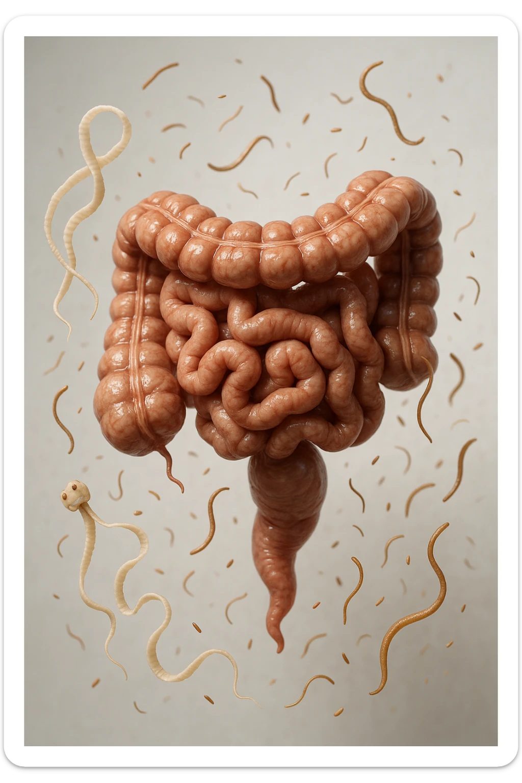 INTESTINO UMANO ANATOMICO REALISTICO FLUTTUA IN ARIA INSIEME A PARASSITI COME LA TENIA, SFONDO CHIARO, iperrealistico 4k sticker
