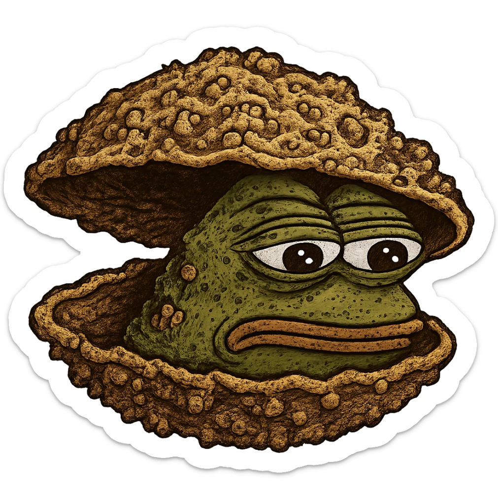 Add more crust details to the crusty clam in the style of green bufo frog meme, keep the bufo frog meme style, no background. sticker