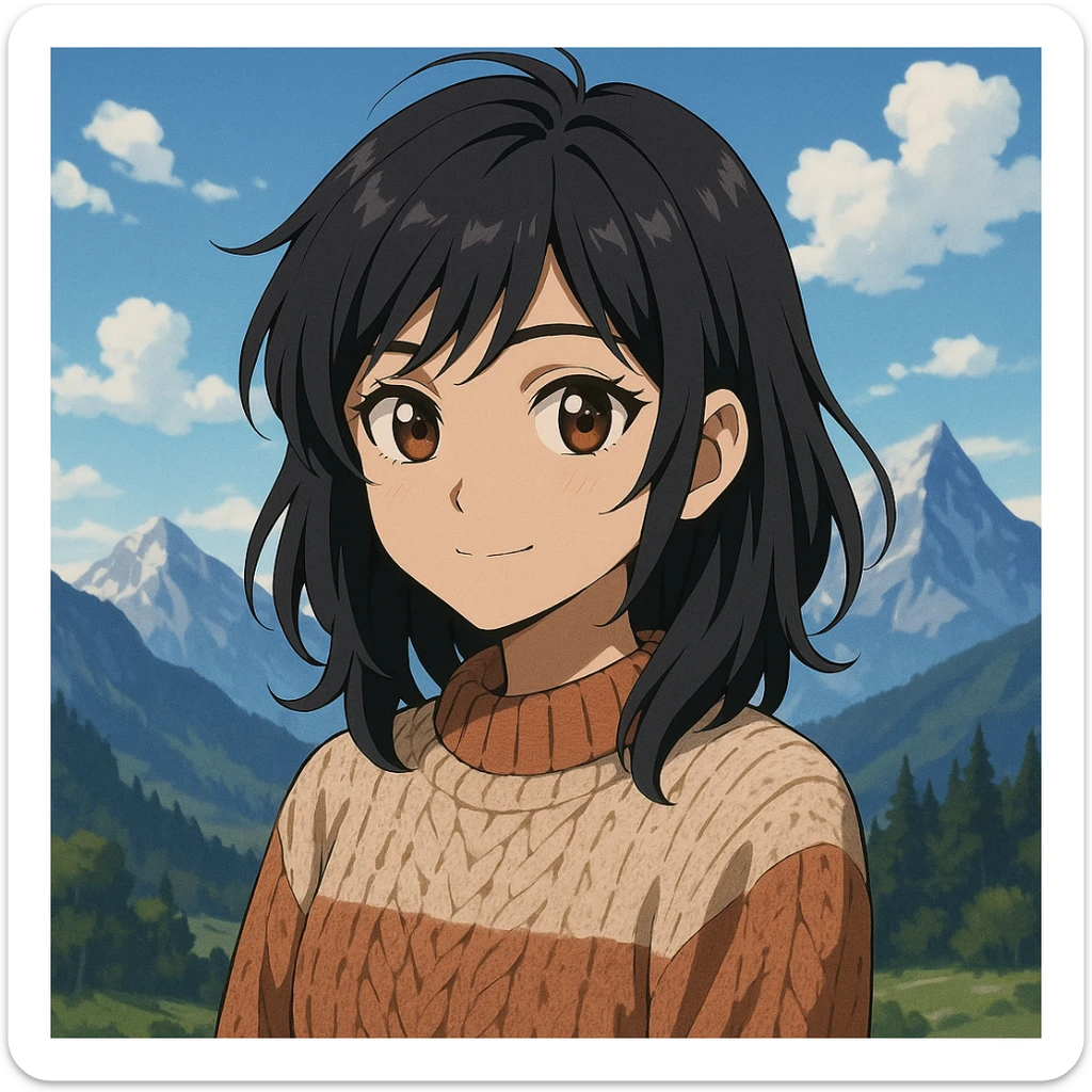 anime style Indian girl with black layered hair, brownish-black eyes, fair skin, wearing a cozy sweater, mountain scenery sticker