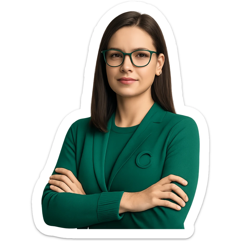 confident female CEO wearing an emerald green sweater, straight brown hair, emerald green glasses, modern office vibe sticker