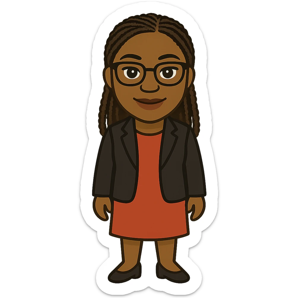 full body emoji of Kemi Badenoch, with glasses and braided hair, standing, cartoon style, transparent background sticker
