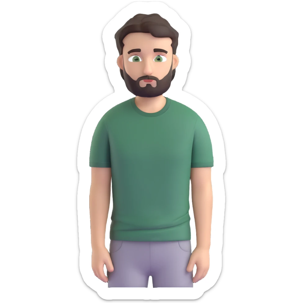 man with dark messy short hair, dark green eyes, gray T-shirt, and short beard sticker