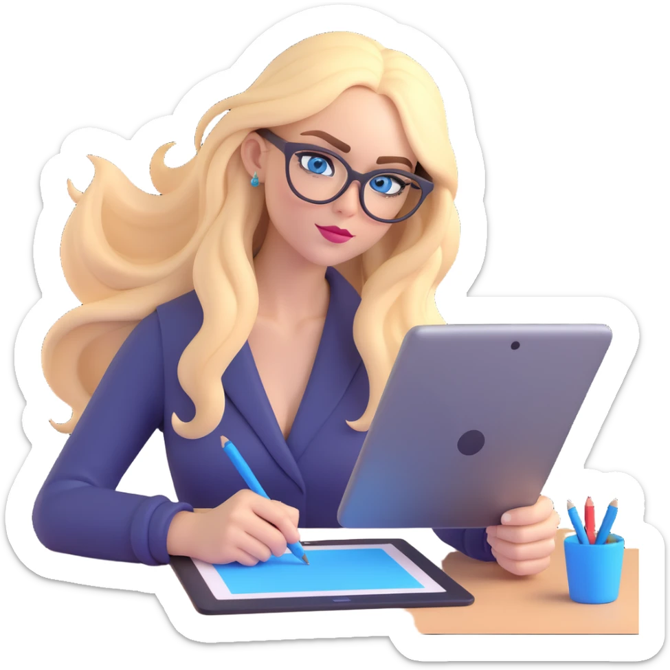 a blonde woman with long hair and blue eyes wearing black cat-eye glasses, drawing on a graphic tablet sticker