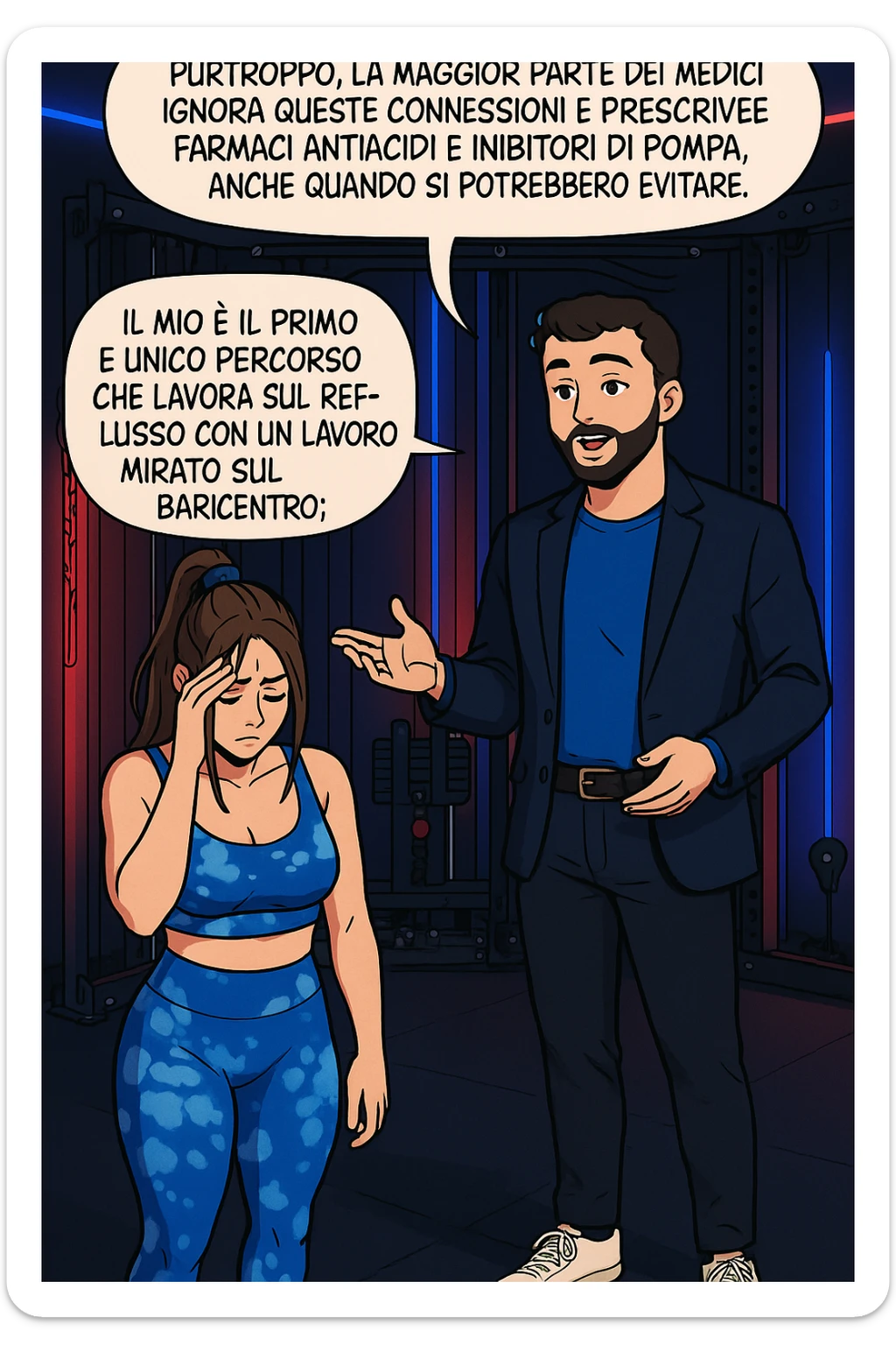 TRASFORMA QUESTO CAROSELLO IN UN FUMETTO STILE WEBTOON/MANGA A COLORI CON QUESTE DUE PERSONE IDENTICHE CHE INTERLOQUISCONO TRA LORO, L'uomo sta spiegando alla donna questo concetto MENTRE LA DONNA SI TIENE la mano sulla fronte sconcertata:

LUI (UOMO): Purtroppo, la maggior parte dei medici ignora queste connessioni e prescrive farmaci antiacidi e inibitori di pompa, anche quando si potrebbero evitare.
Il mio è il primo e unico percorso che lavora sul reflusso con un lavoro mirato sul baricentro; sticker
