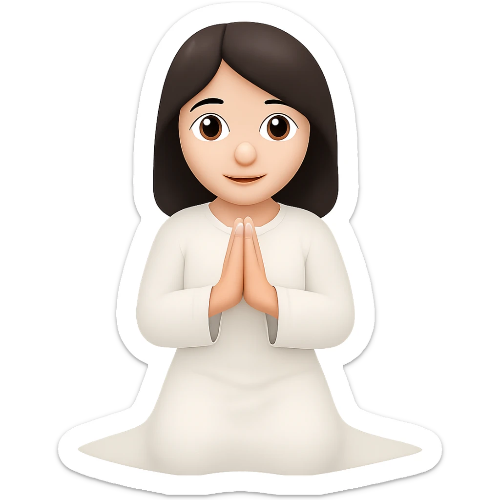 Change the dress to white robes, keep the woman kneeling and praying, long dark brown hair, in emoji style. Remove the background. sticker