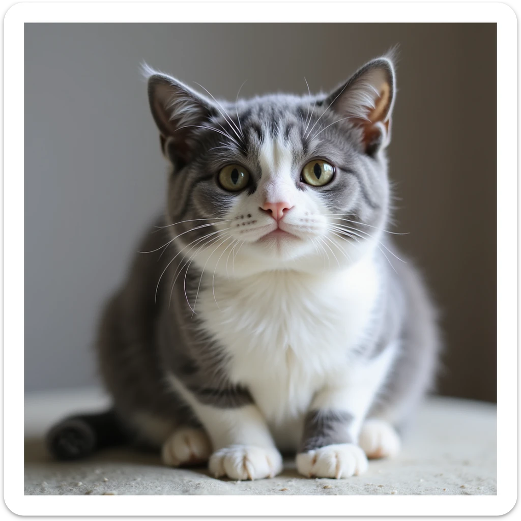 a realistic grey and white cat with a grey top and white belly, legs partly grey and partly white, and a streak of white going up the nose area, soft fur, gentle expression sticker