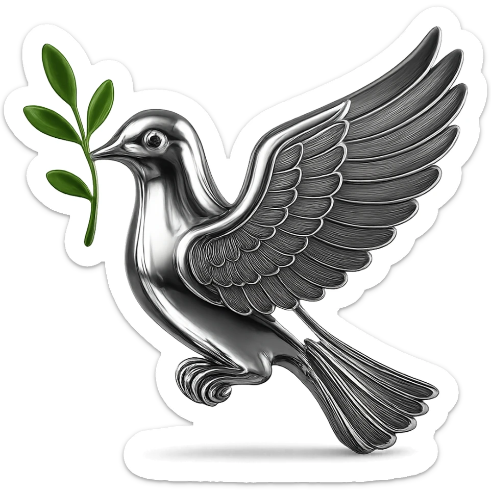 Make the branch in the pigeon's beak green while keeping the rest of the image in chrome style, no background. sticker