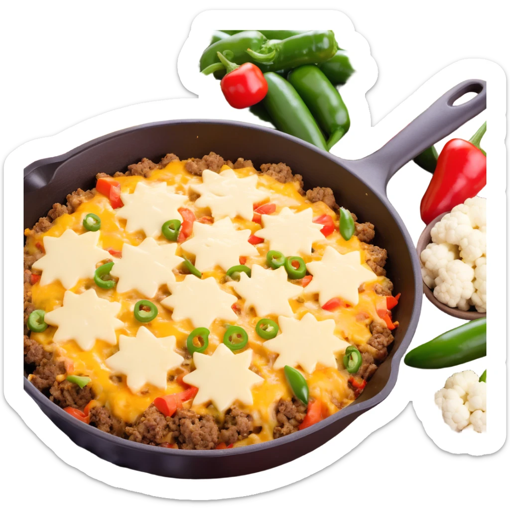 cheesy ground beef and cauliflower casserole with jalapeno and red capsicum in a skillet pan, melted cheese and vegetables sticker
