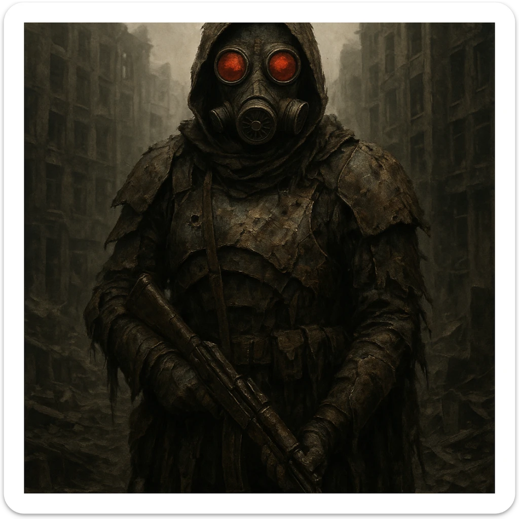post apocalyptic soldier in tattered armor, gas mask with red lenses, urban ruins background sticker