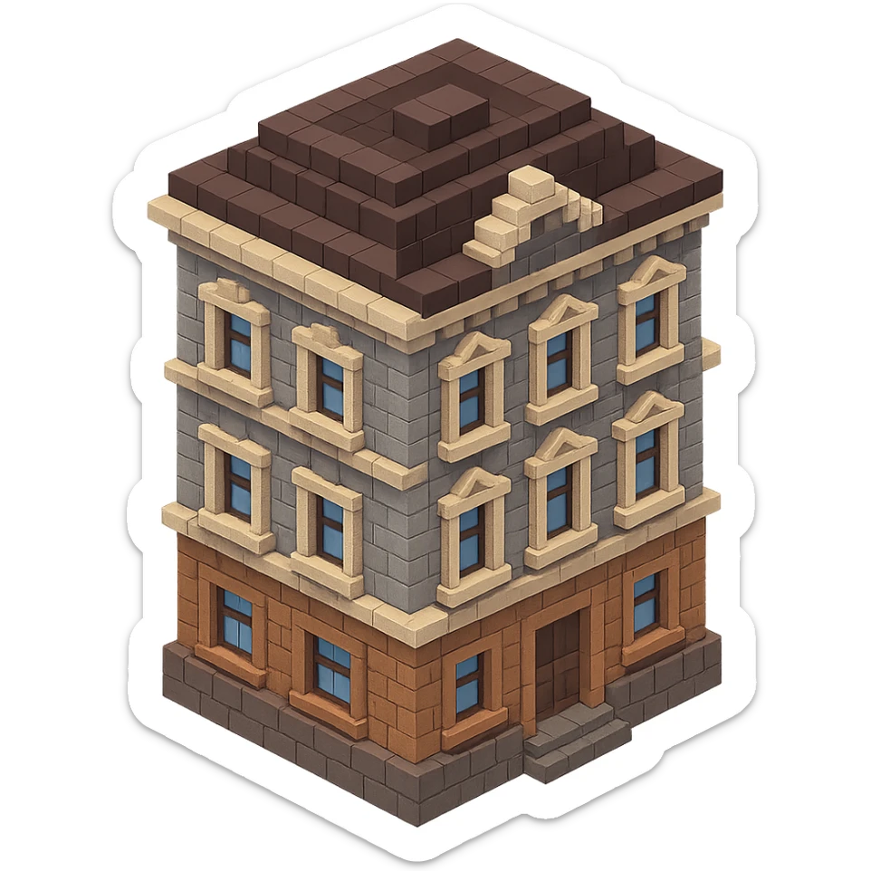 old Saint Petersburg building, classic architecture, ornate facade, gray and brown tones, isometric view sticker