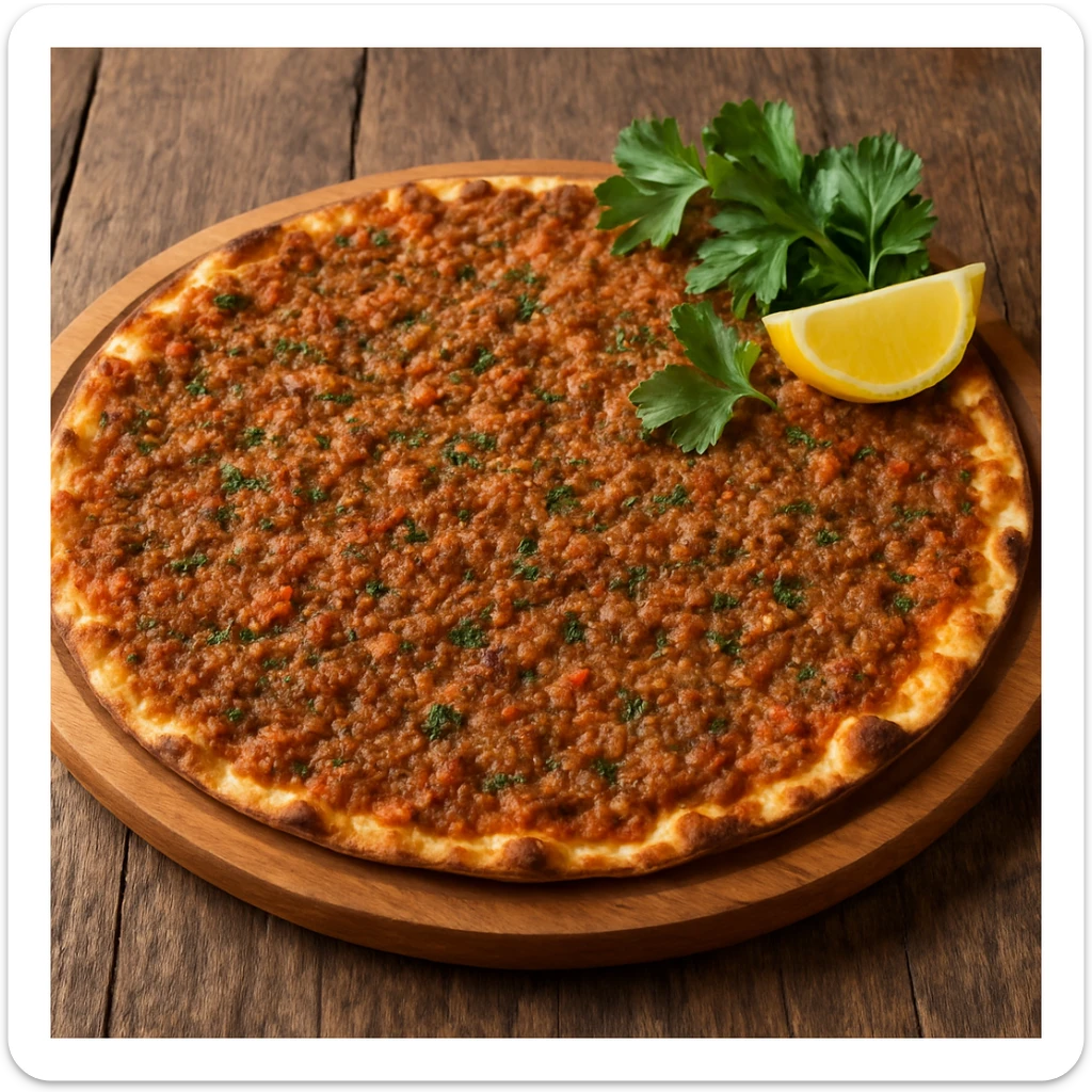 realistic lahmacun on a wooden board, garnished with parsley and a lemon wedge sticker