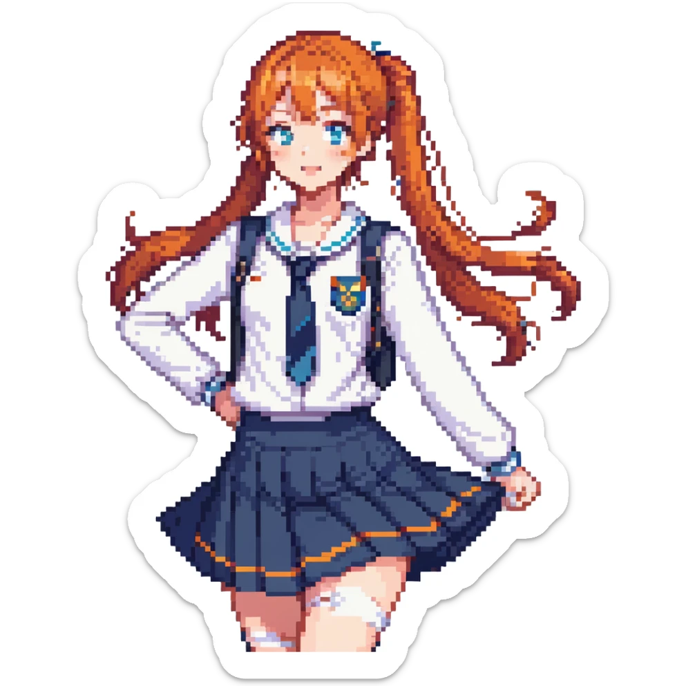 anime girl in school uniform, orange hair in side ponytail, blue eyes, standing in a courtyard with cherry blossom petals, skirt and hair fluttering in breeze, cheerful expression sticker