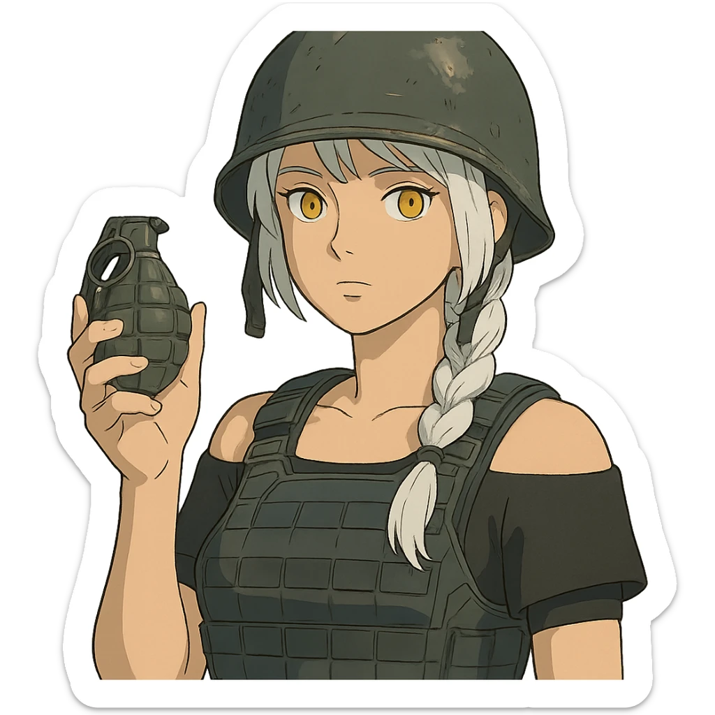  a closeup portrait of young woman with gold yellow eyes, white hair, long braid, black off-shoulder top d-cup, punk gothic style, futuristic cyberwave cyberpunk,  she has a plate carrier armor vest , and a old-style steel bulletproof combat helmet. holding up a m67 hand grenade  sticker