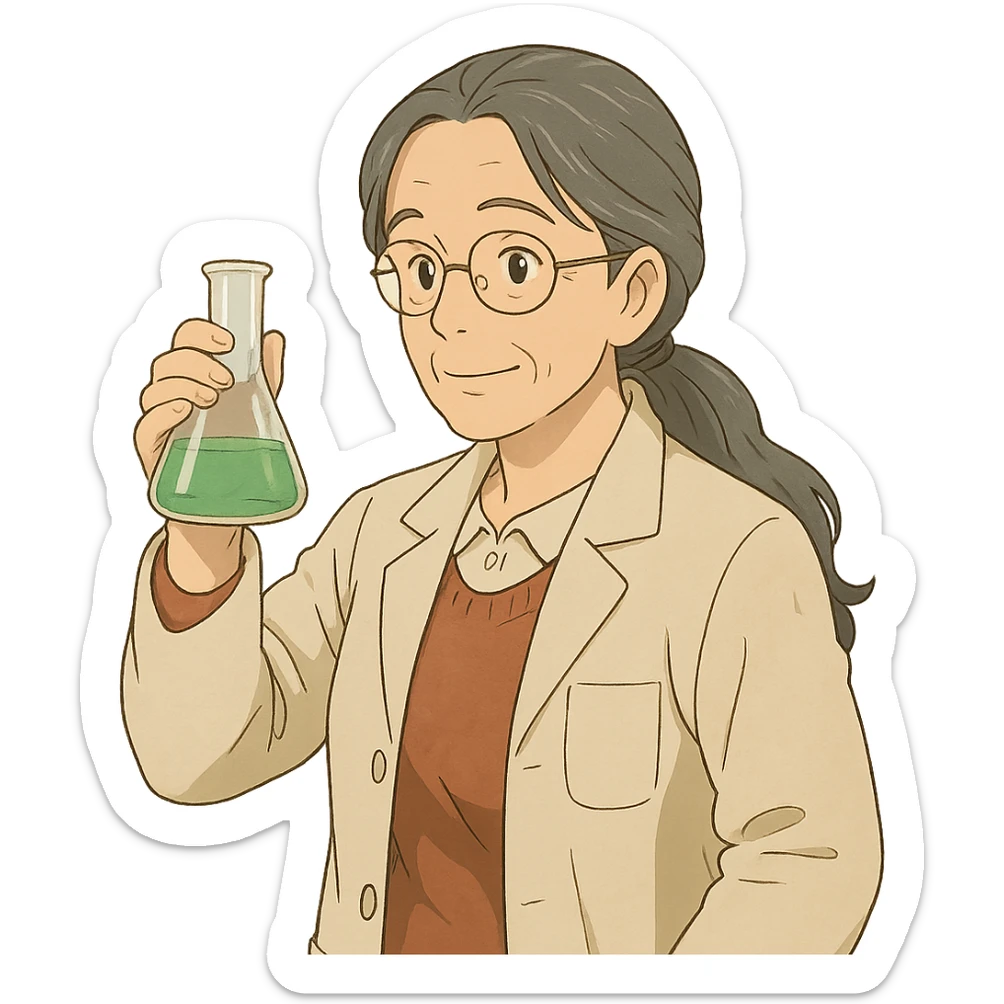 woman science teacher with long graying hair, holding a beaker, in ghibli style sticker