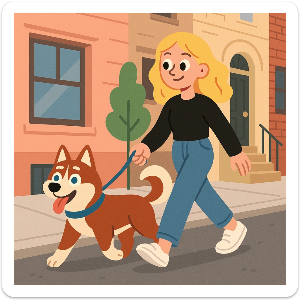 Cute Blonde woman wearing a black sweater and jeans and white sneakers walking a happy red-brown blue-eyed Siberian husky in New York City on an upper east side city sidewalk  sticker