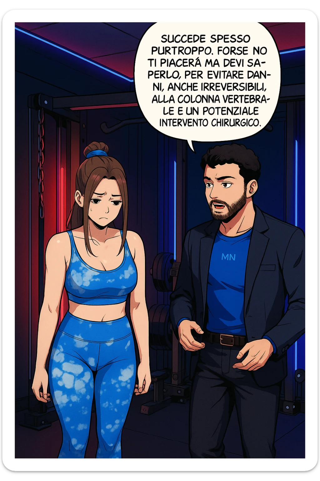 fai questa immagine in versione fumetto/manga/webtoon a colori, il manga mostra l'uomo che risponde alla donne:
Succede spesso purtroppo. 
Forse non ti piacerà ma devi saperlo, per evitare danni, anche irreversibili, alla colonna vertebrale e un potenziale intervento chirurgico. sticker