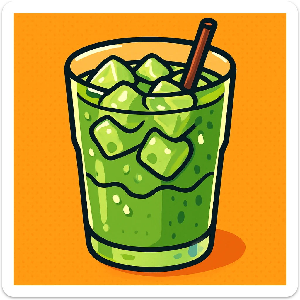 iced matcha latte in a clear glass with ice cubes, vibrant green color, condensation on the glass, modern aesthetic sticker