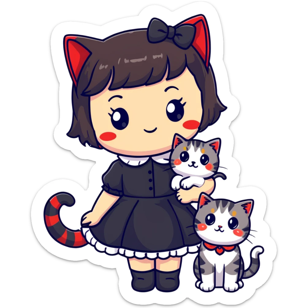 girl with black Lolita dress and black hair with red tips next to an American Shorthair tabby cat sticker