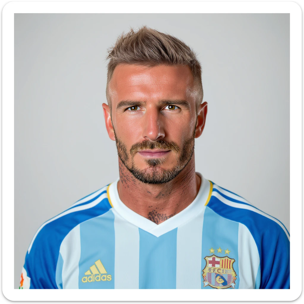 realistic portrait of David Beckham, in a football jersey, short hair, light stubble, confident expression sticker