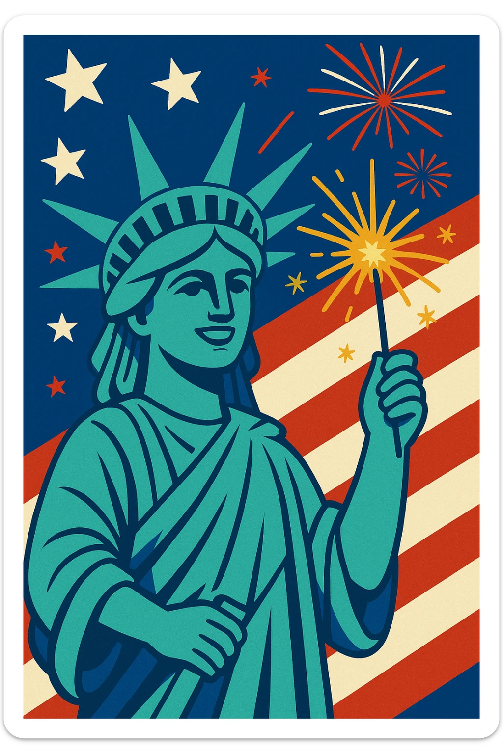 Statue of Liberty holding a sparkler, 4th of July, patriotic, colorful sticker