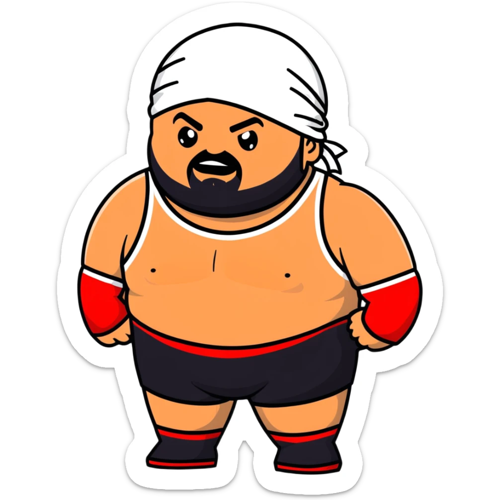 White skin fat guy with black durag, black beard, and black eyes in a red and black wrestling singlet sticker