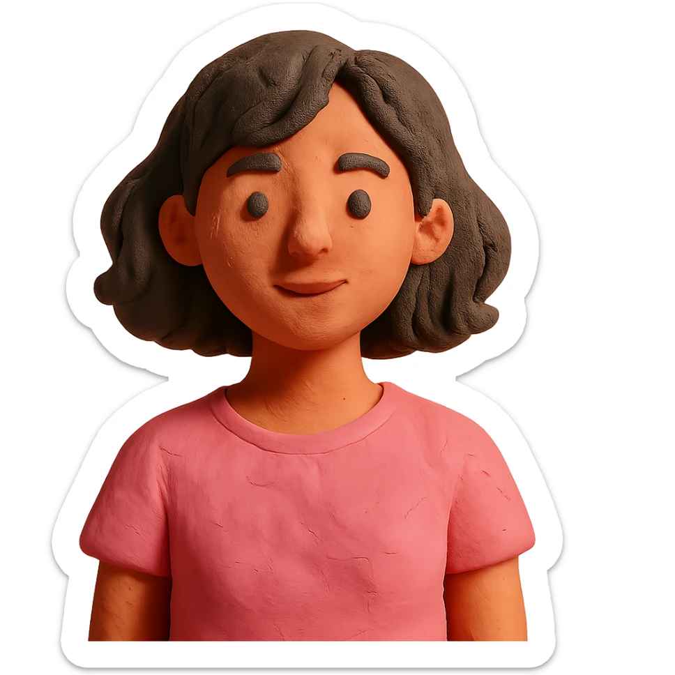 young brunette woman with short wavy hair to shoulders, wearing a pink t-shirt sticker