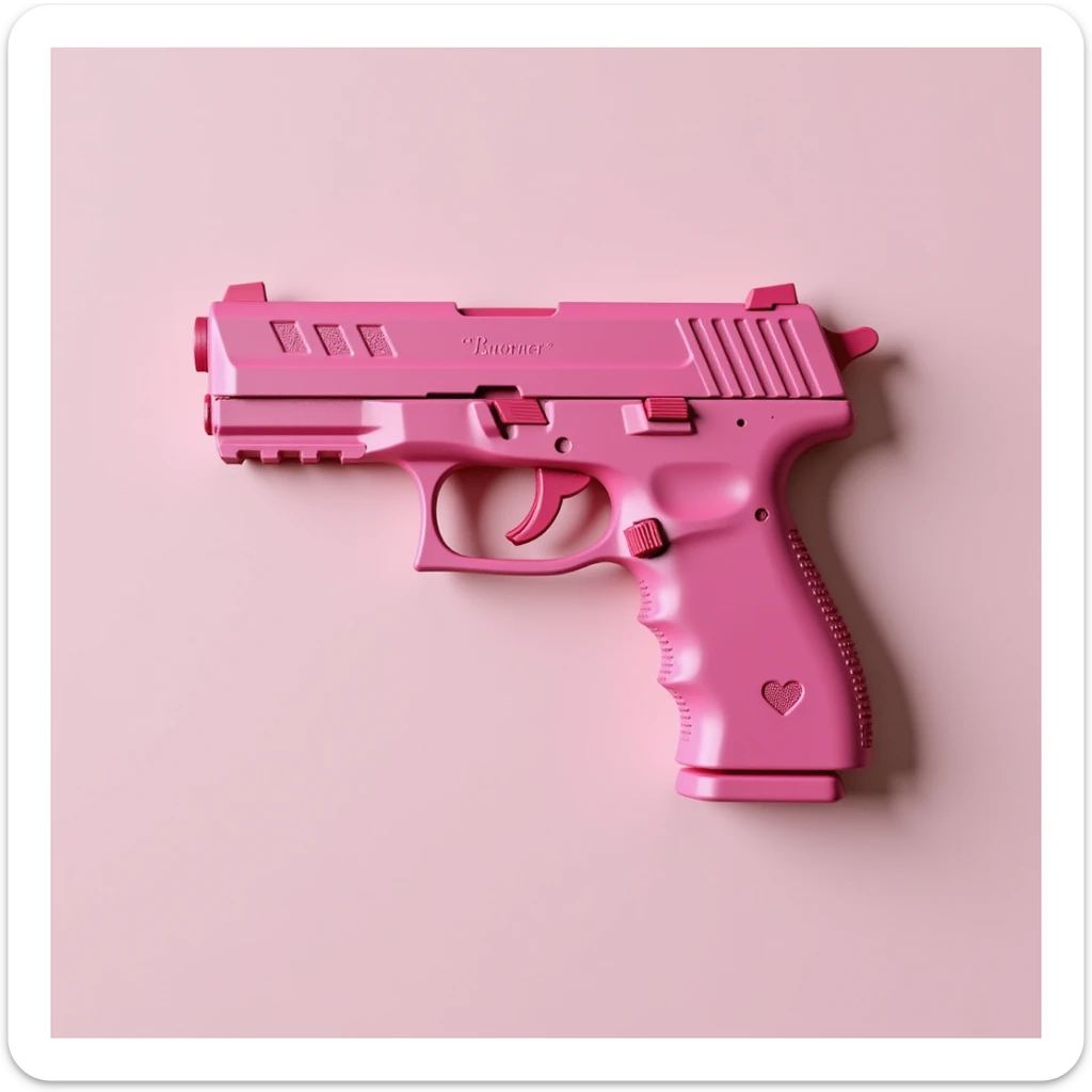 photorealistic pink pistol with a matte finish, no heart shapes or motifs, on a white background sticker