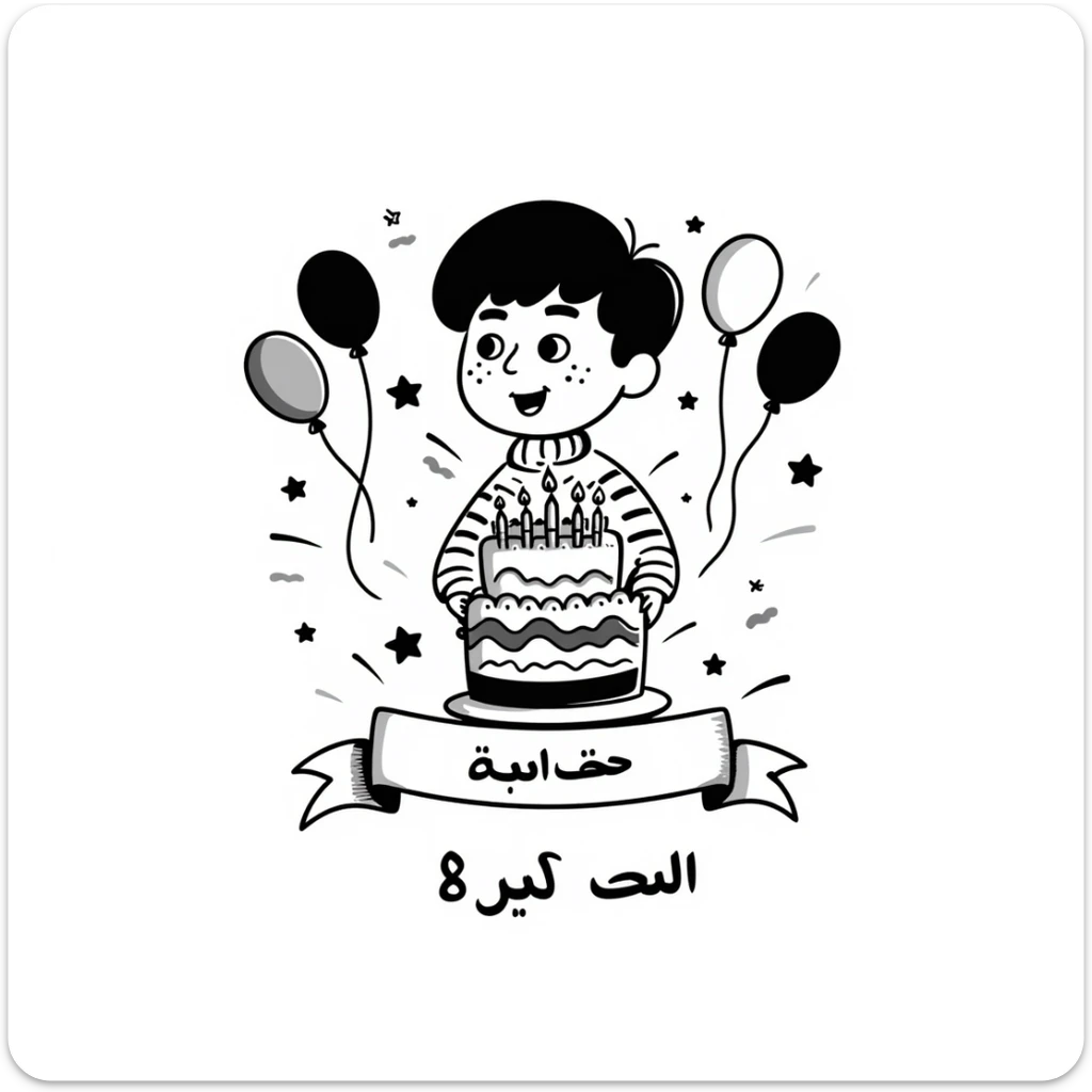 A very colorful, vibrant illustration of a happy little boy celebrating with a birthday cake with lit candles, colorful balloons and decorations. Include large, clear Persian text at the bottom that says: "امیدرضا جان تولدت مبارک" sticker