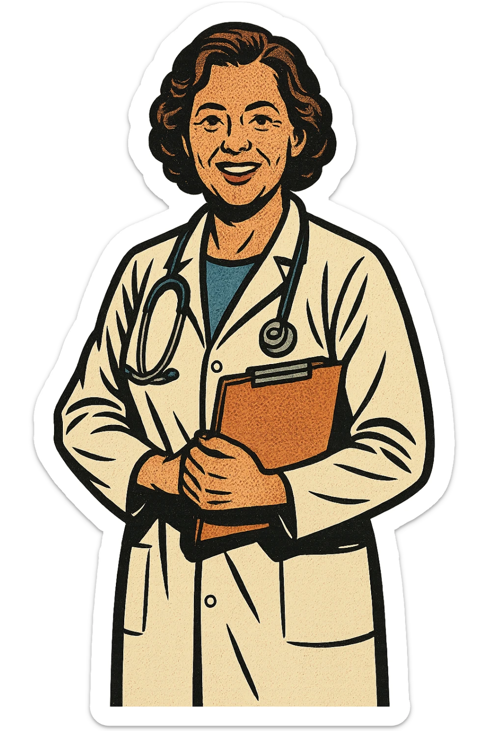 A full body image of a caring middle aged female doctor with a stethoscope holding a note pad sticker