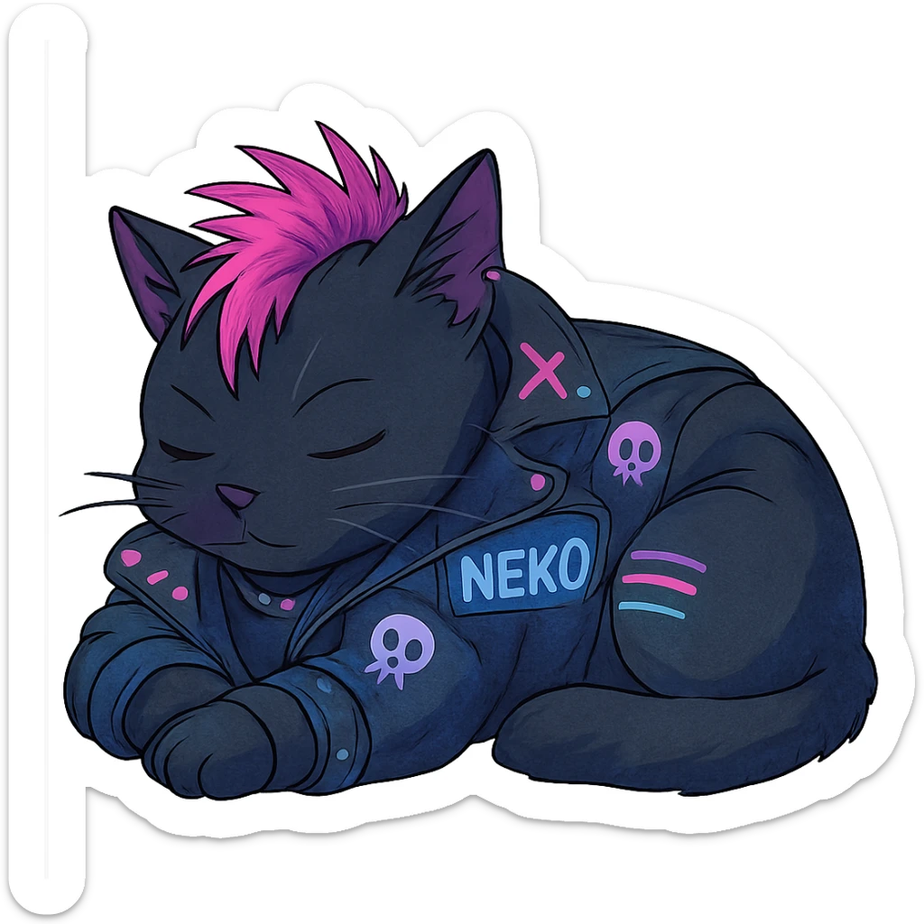  a cat laying down his head to nap, punk gothic style, futuristic cyberwave cyberpunk, sitting position sticker