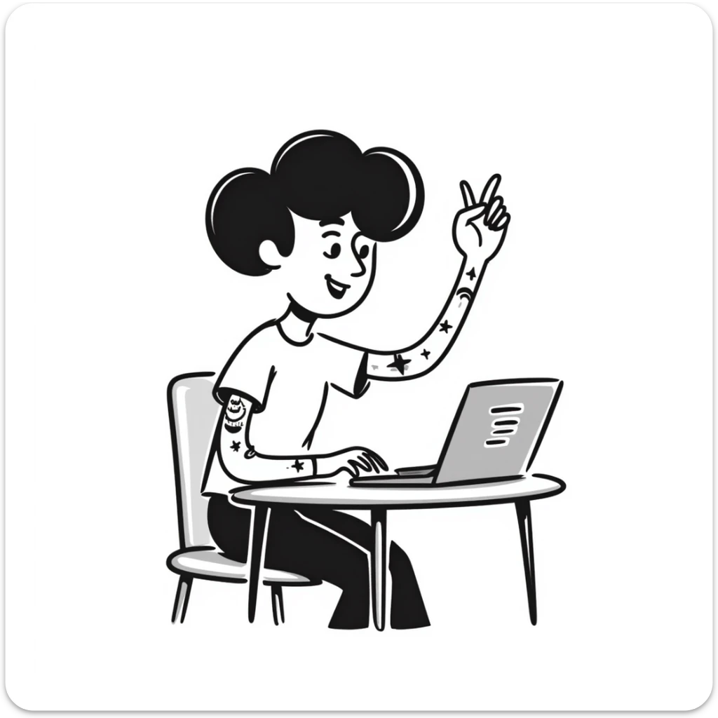 Cool female rockstar musician with arm tattoos and alternative hairstyle, sitting at desk with laptop, raising hand in class, smiling confidently sticker