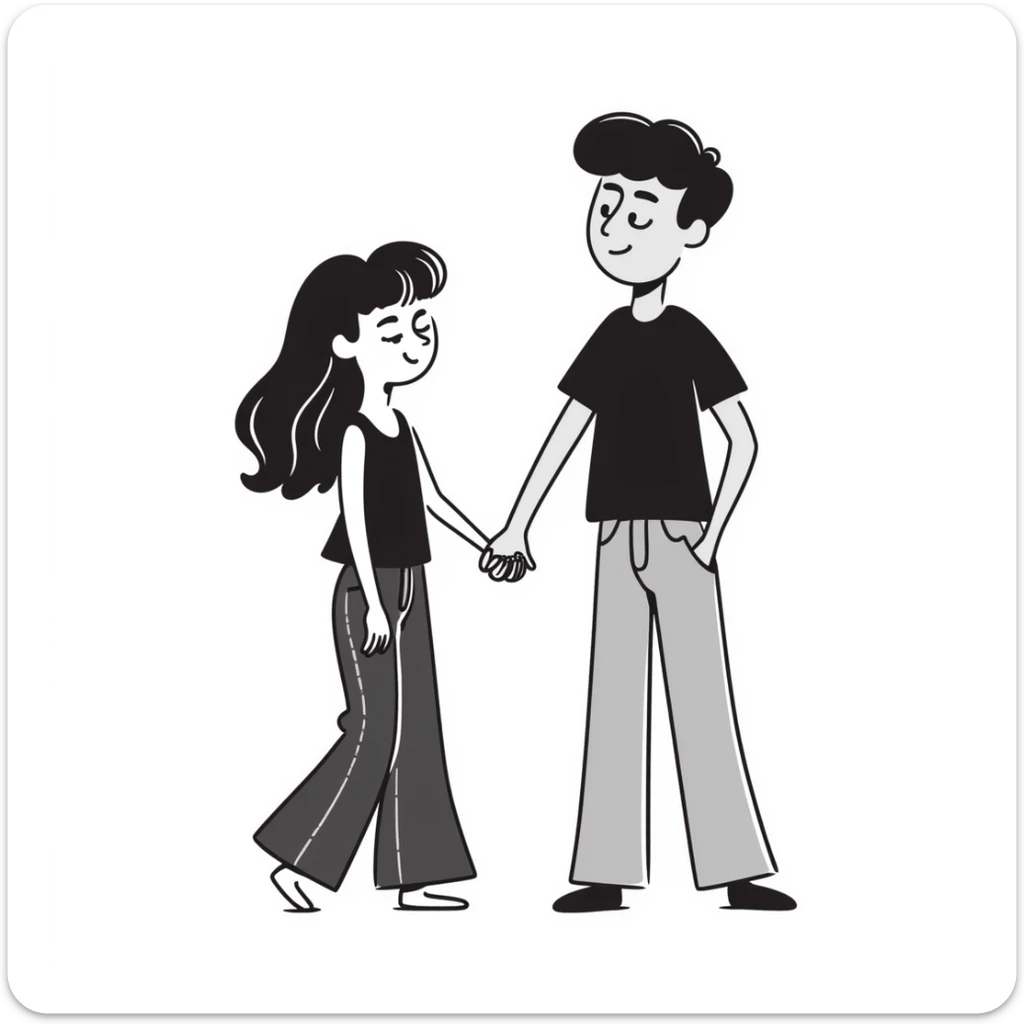 A girl with long brown hair holding the hand of a boy with short black hair, she wearing a black tank top with flared blue jeans, he wearing a black t-shirt with grey jeans, couple in love sticker