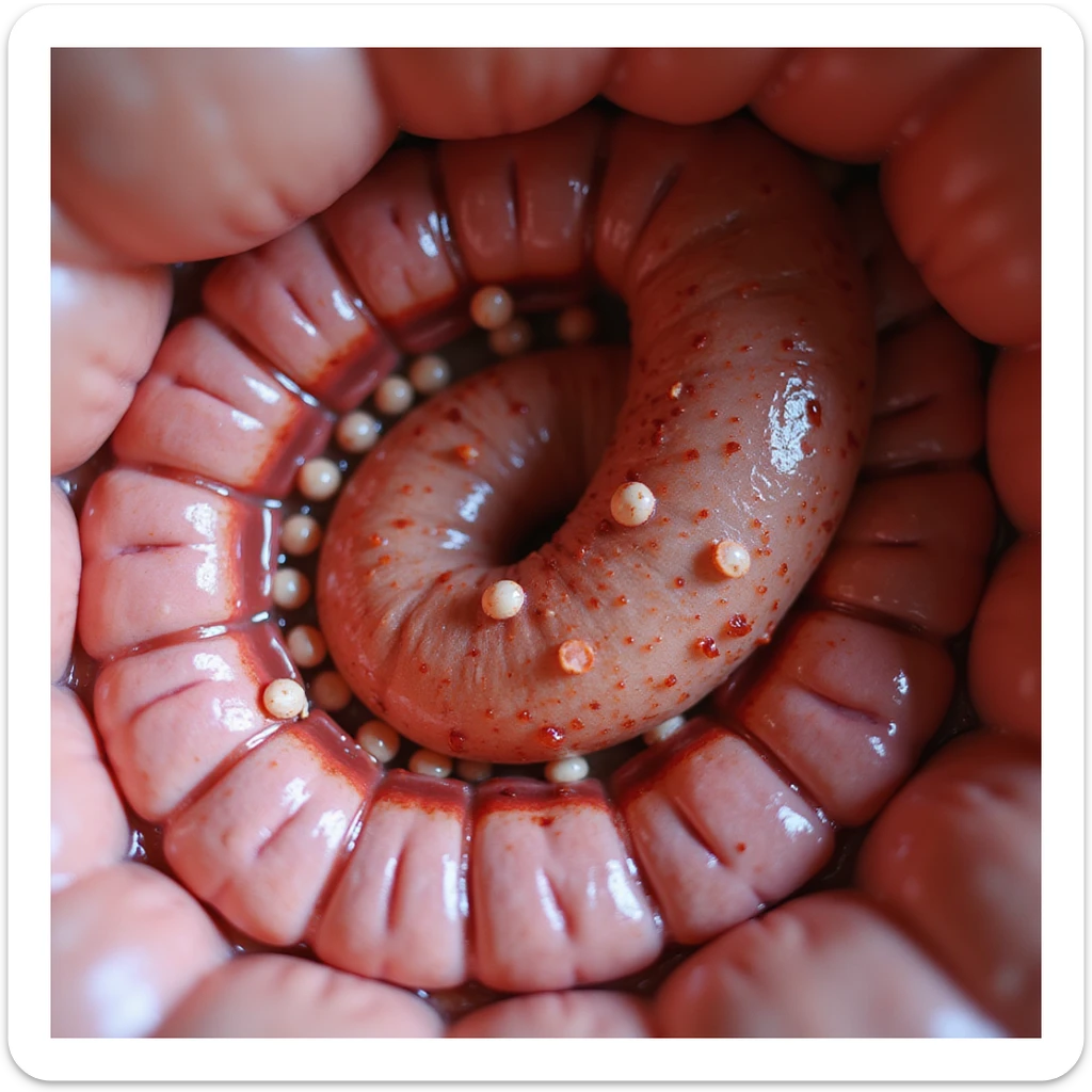 close-up of inflamed area of intestinal wall with presence of parasite eggs, microscopic details, hyperrealism, 4K sticker