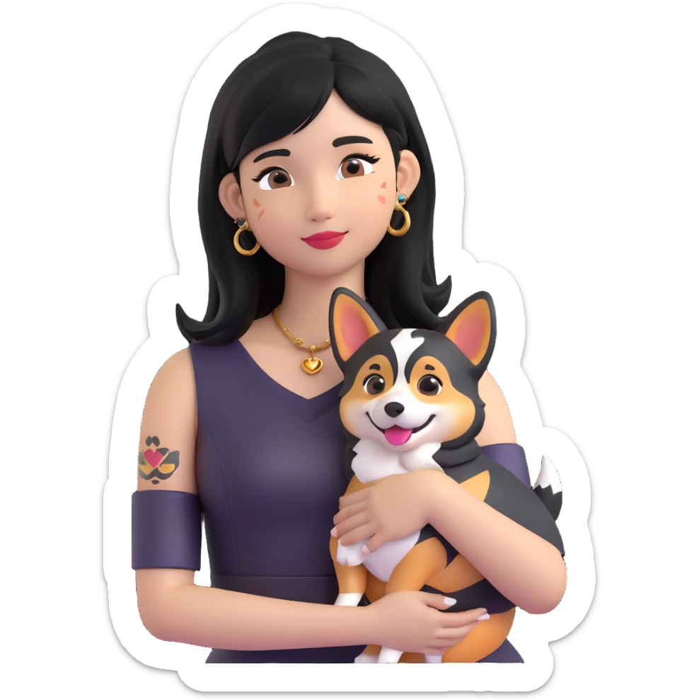 expressive emoji of an Asian girl with long black hair with wispy deep side-parted bangs, false lashes, a 3/4th sleeve tattoo on her left arm, wearing a black sleeveless leather dress with gold earrings, hugging a joyful tri-color Corgi, simple emoji-like, 3D emoji style sticker