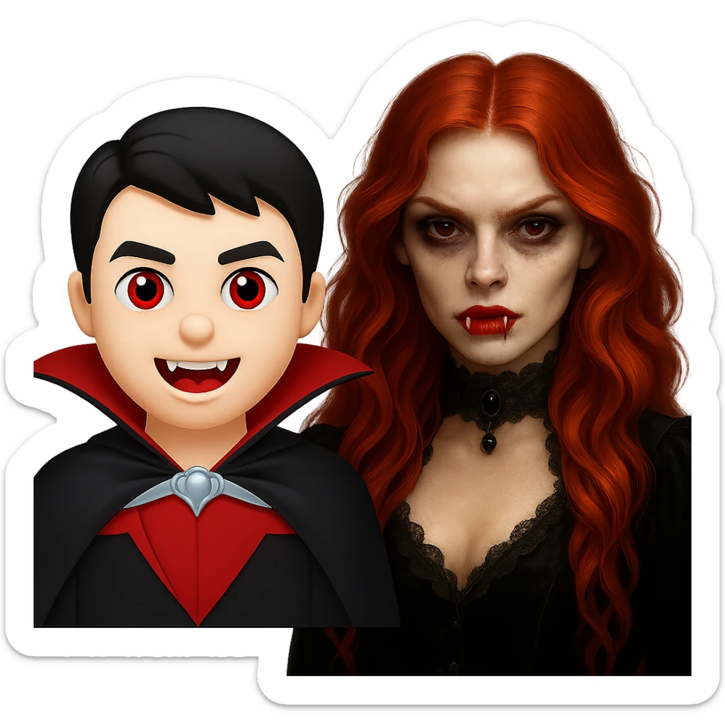 Combine the ginger-haired vampire girl and a classic vampire emoji in a fun composition, both characters clearly visible. Maintain a transparent background. The style should blend the look of a classic vampire emoji with the unique features of the ginger-haired vampire girl. sticker