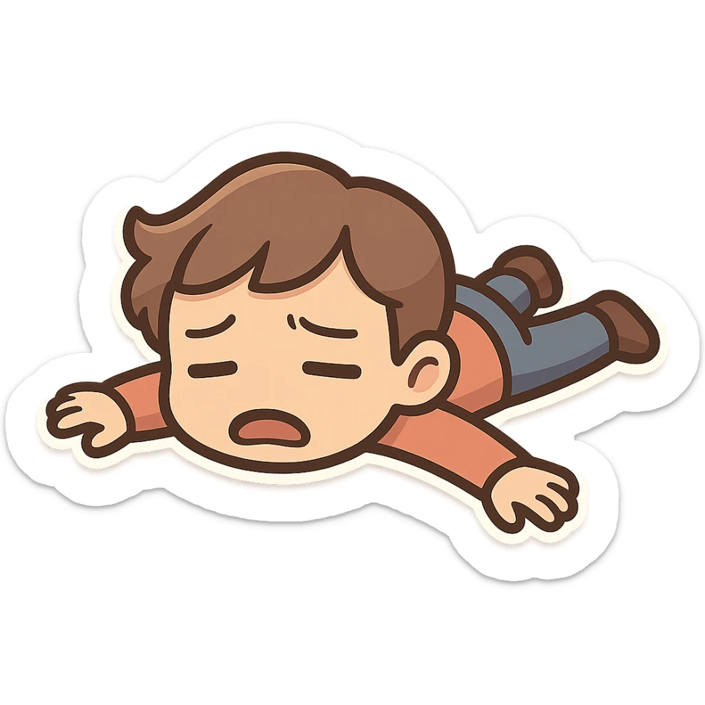 cartoonish emoji of a person laying spread eagle on the ground, looking exhausted and defeated, but not too dramatic, suitable for expressing 'not another hard time!' or 'you're kidding me!' moments sticker
