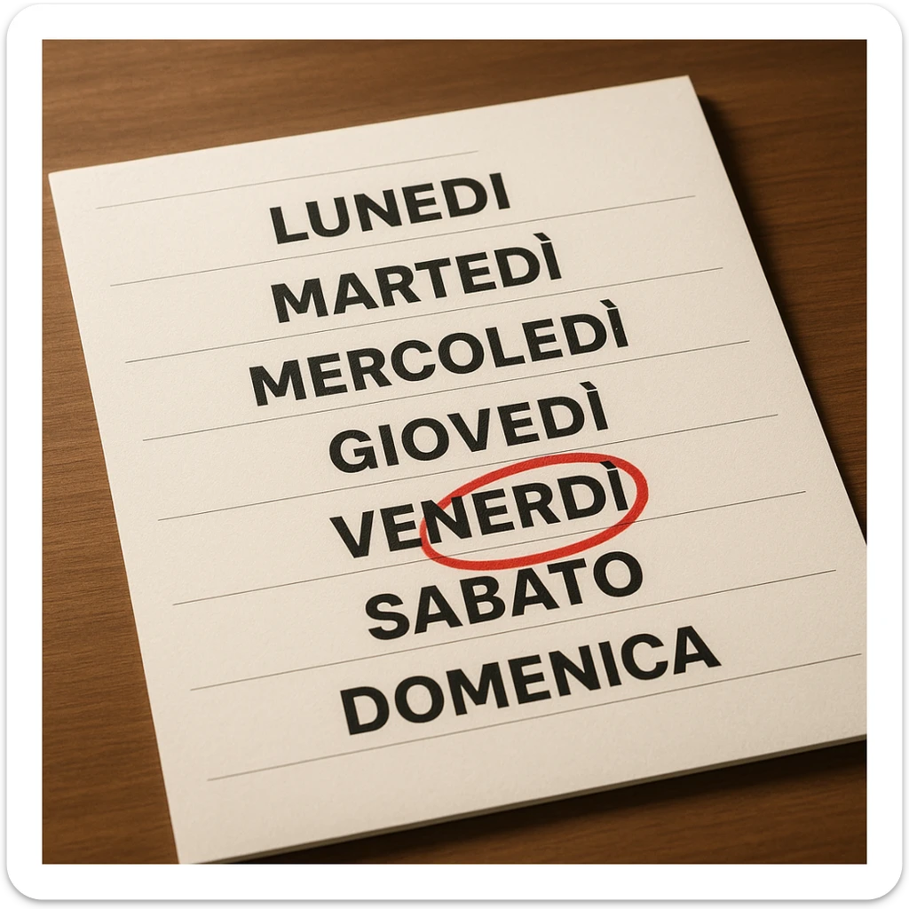 weekly calendar in Italian, days from Monday to Sunday, Friday circled in red, hyperrealistic style, 4K details, studio or office atmosphere sticker