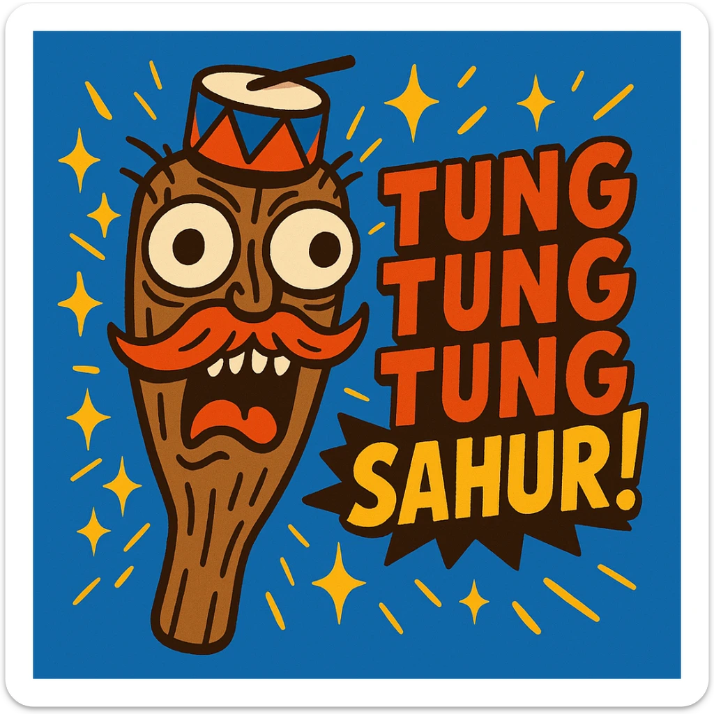 wild wooden club-shaped emoji with bug eyes, carved face, wild mustache, drum hat, sparkles, chaotic brainrot energy, shouting 'TUNG TUNG TUNG SAHUR!', bold expressive style sticker