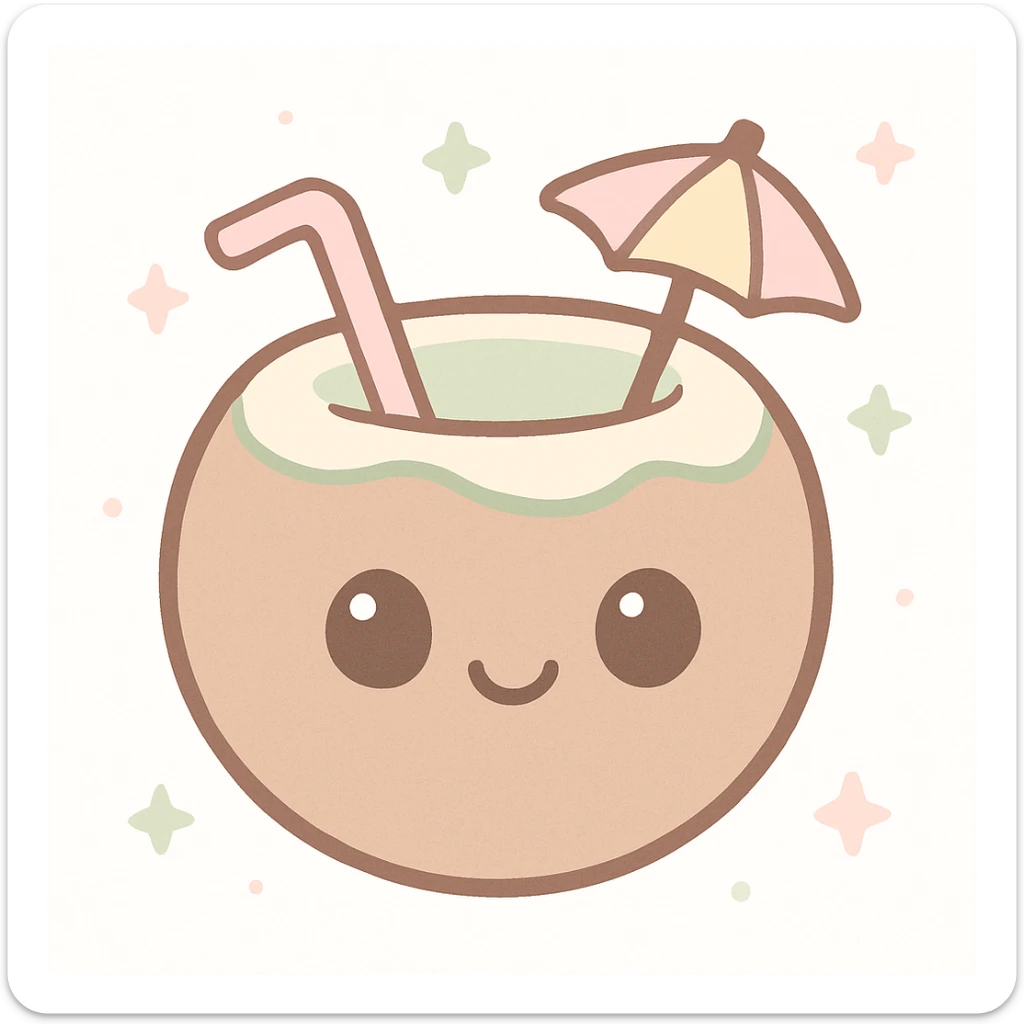 kawaii style coconut drink with a smiling face, pastel brown and green colors, and a tiny umbrella sticker